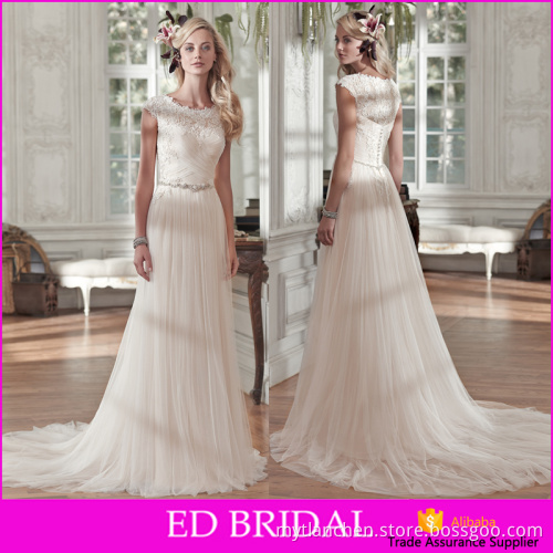 Best Selling A-line Cap Sleeve Pleated Shiny Belt Beach Pattern Tulle Wedding Dresses China